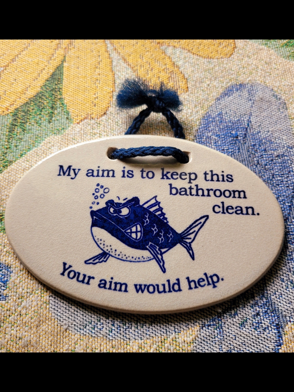 Bathroom Hanging Plaque - Blue and Cream Ceramic Sign